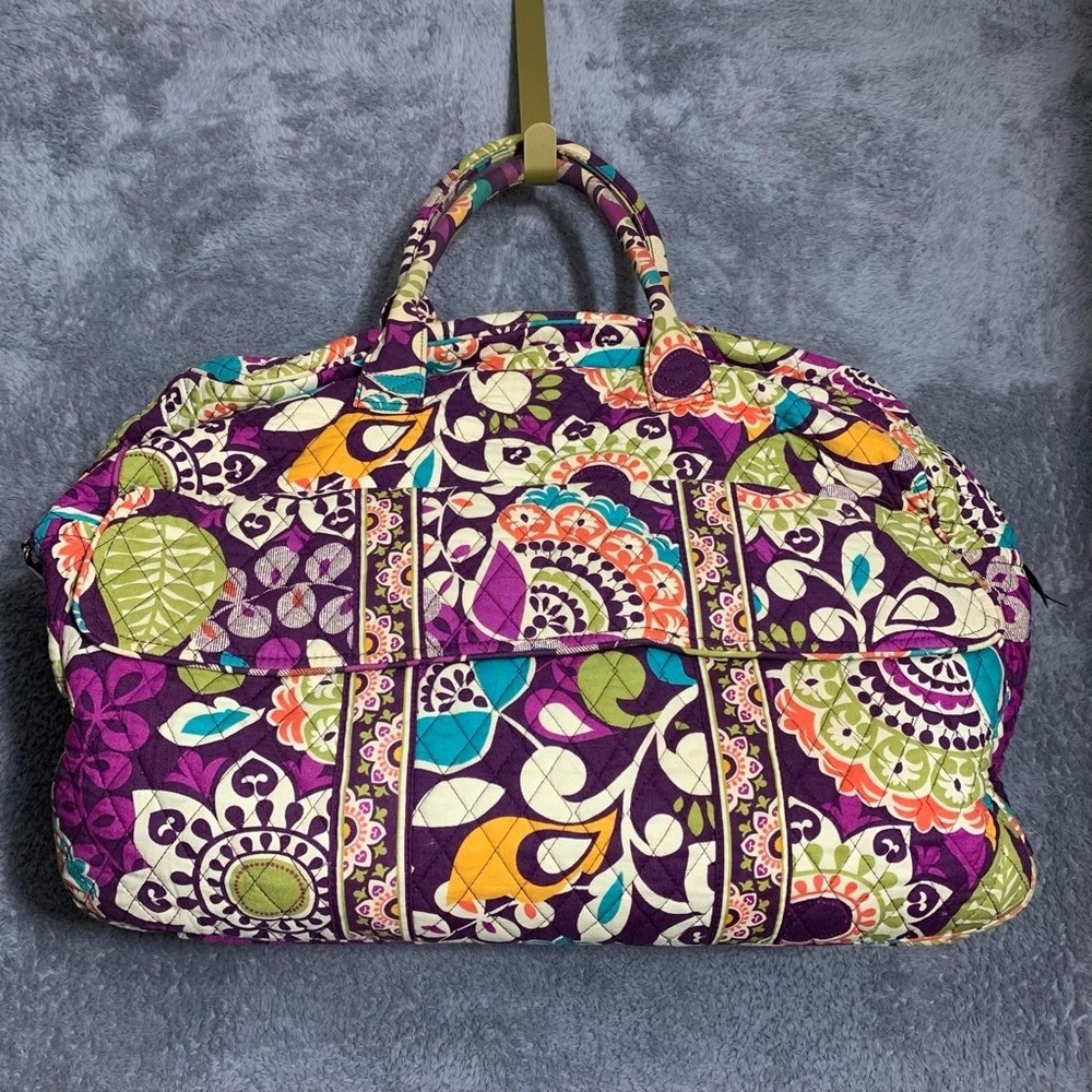 Vera Bradley Large Duffel Bag Women Large Purple Plum Crazy Quilted Paisley Trav - Picture 7 of 16
